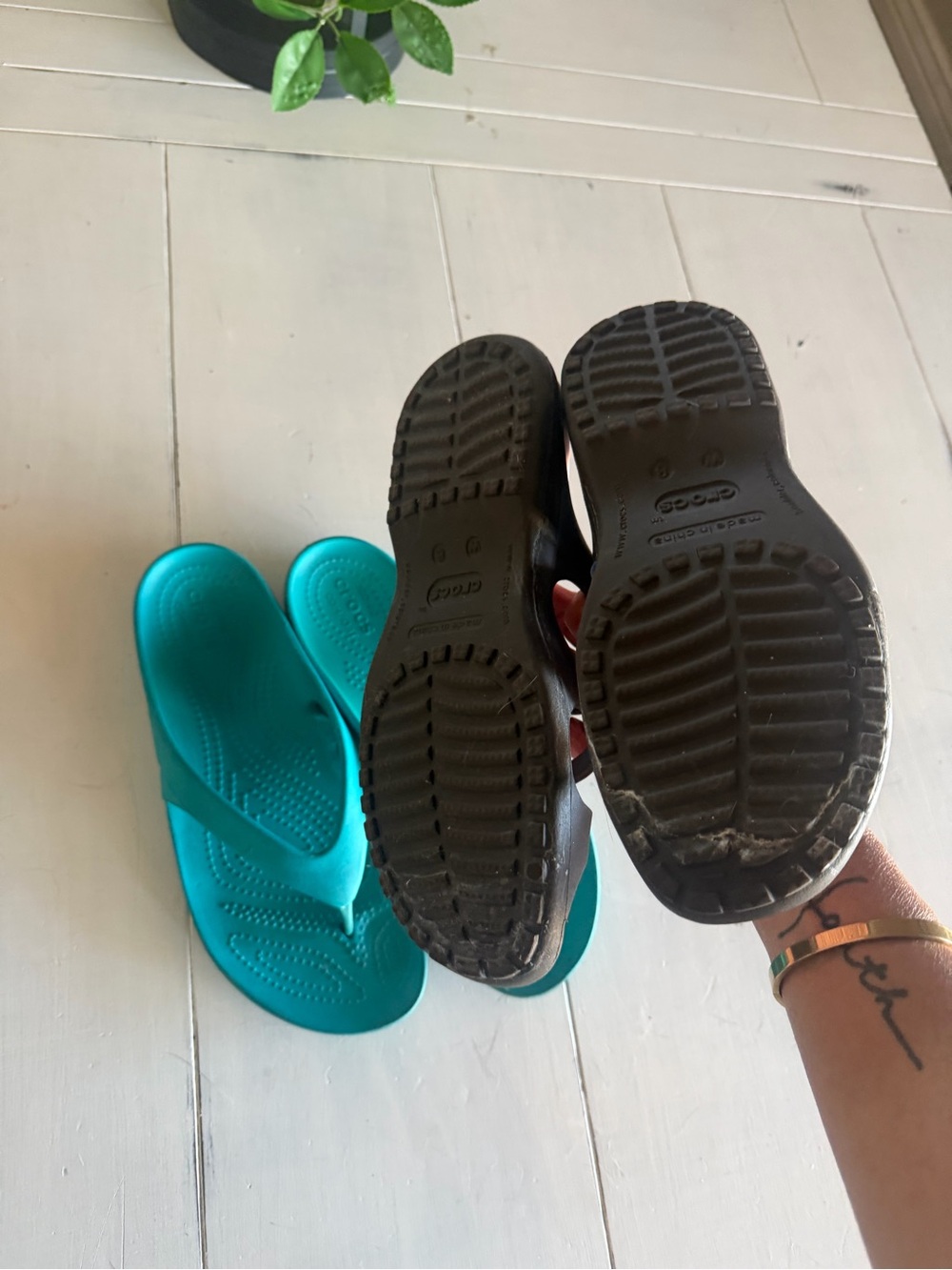 CROCS Teal Flip Flops and Black/Pink Slide Sandals Bundle - Picture 5 of 5